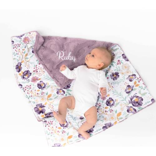 Baby Girl Gift - Personalized Girl Baby Blanket - Purple Floral - Baby Name Blanket - Girl Minky Baby Blanket with Name