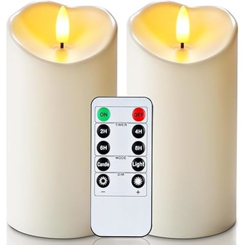Homemory 6"x3" Outdoor Waterproof Flameless Candles, LED Candles, Battery Operated Candles with Remote and Timers, Electric Fake Plastic Pillar Candles, Ivory White, Set of 2