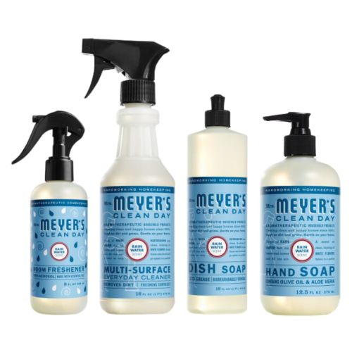 Mrs. MEYER'S CLEAN DAY Rainwater Scent Variety Pack, Liquid Hand Soap 12.5 Fl Oz, Multi-Surface Cleaner 16 Fl Oz, Room Freshener 8 Fl Oz, Dish Soap 16 Fl Oz, 1 CT