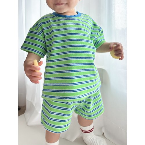 At Noon Kids Stripe Terry Cloth Short Sleeve Top and Shorts Set - Green