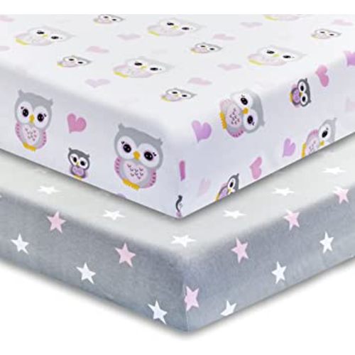 2 Pack Fitted Crib Sheets for Girls in 100% Jersey Knit Cotton – Girl’s Crib Mattress Sheets with a Nature Theme of Owls with Purple and Pink Hearts and a Gray Sheet with Pink Hearts by Everyday Kids