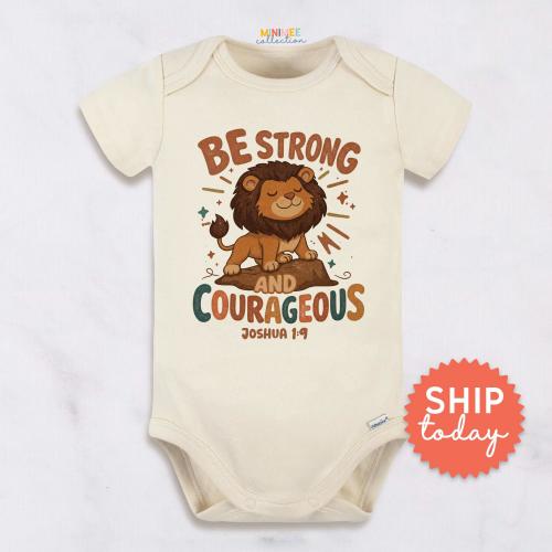 Bible Verse Onesies® Brand Joshua 1:9 Baby Bodysuit, Christian Baby Shower Gift, Lion Scripture Infant Outfit(BC-EAS133)