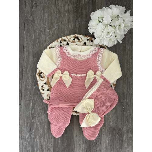 Rose Petal Lace Romper Knit Set in Old Pink and Ivory