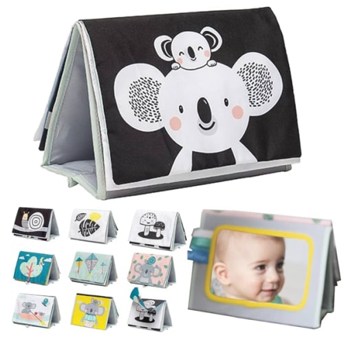 Taf Toys Tummy Time Toys High Contrast Baby Book. Fun, Interactive Crinkle Books for Babies with Mirror & Soft Koala Teether - Baby Tummy Time Book