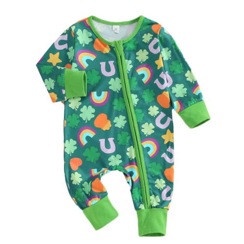 ENFLASH St Patricks Day Baby Boy Girl Outfit Newborn Jumpsuit Clover Print Long Sleeve Onesie Infant Spring Clothes