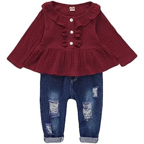 Saeaby Baby Girl Clothes Toddler Girl Fall Winter Outfits Ruffle Shirt Denim Jeans Pants Girls Clothing Set