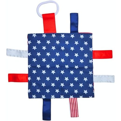Baby Jack & Co 8x8” American Flag Lovey Patriotic Tag Toy - Crinkle Toys for Development of Five Senses - Soft & Safe - God Bless America - Military Child - BPA Free Clip for Stroller Toy