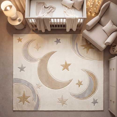Hand Tufted Nursery Rug Moon Star Pattern Soft Wool Kids Room Area Rug Neutral Baby Room Decor Plush Ivory Beige Carpet