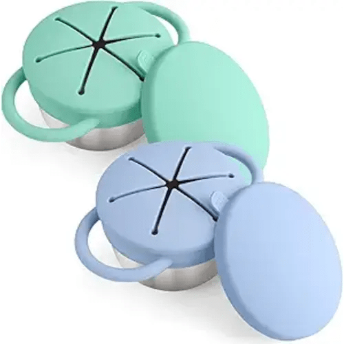 Mity rain Stainless Steel Snack Containers for Toddlers with Spill-Proof Silicone Lids Handles - 3-in-1 Baby Snack Cups, No-Spill Toddler Snack Box (Blue+Green, Two piece set)