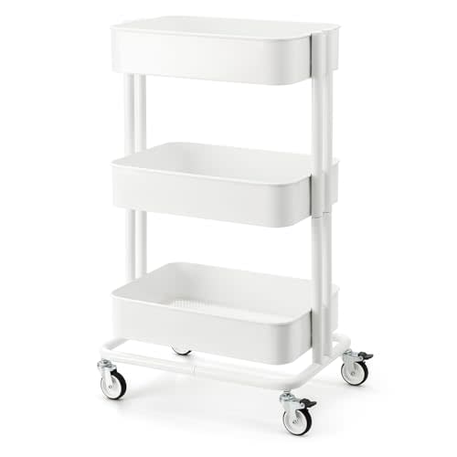 3 Tier Rolling Cart Metal Heavy Duty Utility Cart with Silent Caster Lockable Wheels Multi-Functional Organization Carts Storage Trolley with Mesh Shelves for Office Kitchen Living Room white