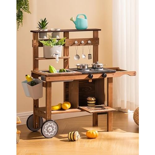 ROBUD Mud Kitchen for Kids Outdoor with Wheels, Wooden Outdoor Play Kitchen, Kids Mud Kitchen with Removable Sink & Faucet, Monteeori Toys for Children Ages 3+ Years, WG403