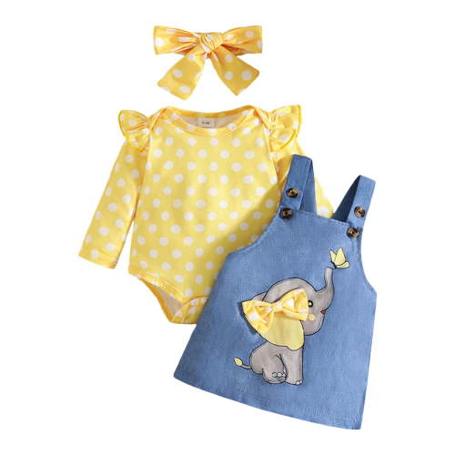 CAICJ98 Baby Girl Clothes Suspender Skirt Newborn Long Sleeve Ruffled Romper + Elephant Jeans Dress + Headband Fall Spring Outfits Yellow,Size 6-9 Months