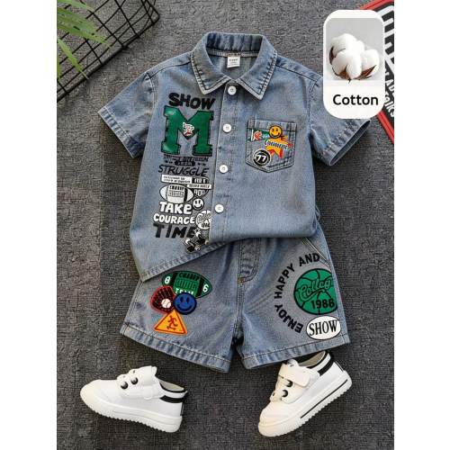 SHEIN Unisex Baby/Baby Boy 2pcs/Set Casual Fashion Denim Short Sleeve Shirt And Shorts Set,Baby Outfit Sets,Streetwear Toddler Clothes