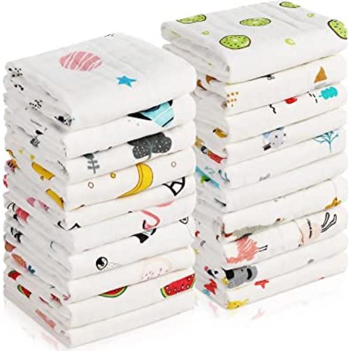 20 Pack Muslin Baby Burp Cloths Large 20 x 10 Inches Cotton Baby Burp Rags Baby Towel and Washcloths Face Towels 6 Layers Super Absorbent for Baby Infant Shower,20 Styles