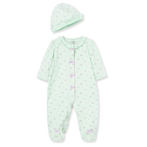 Little Me Clothes for Baby Girls 100% Cotton Scratch-Free Tag Footed One-Piece Romper and Hat Sleeper Set Preemie to 9 Months