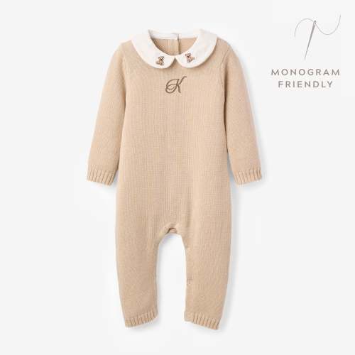 Teddy Bear Embroidered Cotton Cashmere Jumpsuit – Elegant Baby