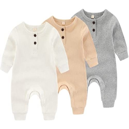 Newborn Baby Boys Girls One Piece Romper With Mitten Cuffs 3 Pack Long Sleeve Ribbed Button Jumpsuit Outfit Clothes
