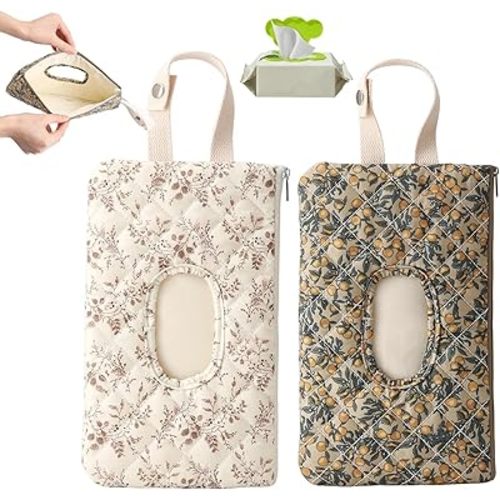 Quilted Wipe Holder Floral Quilted Diaper Pouch,Diaper and Wipes Pouch,Portable Mom Bag for Travel Daily Casual(2Pcs-White+Green)