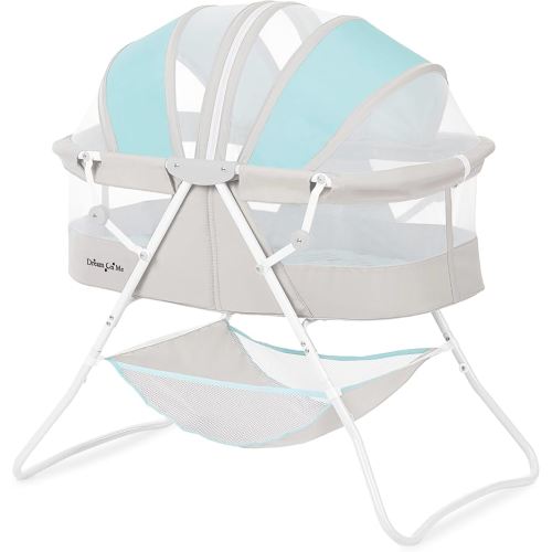 Dream On Me Karley Bassinet, Award Winner Lightweight Travel Baby Bassinet, Foldable Bedside Sleeper, Adjustable Double Canopy, Spacious Design, Soft Fabric, Storage Basket – Blue and Grey