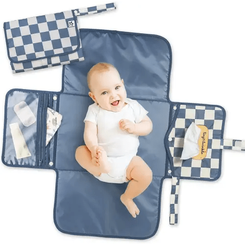 Tiny Twinkle Portable Diaper Changing Pad | Waterproof, Wipeable & Compact Baby Changing Pad for Travel | Smart Wipes Pocket & Organized Storage| Newborn Shower Gift (Blue Checkers)