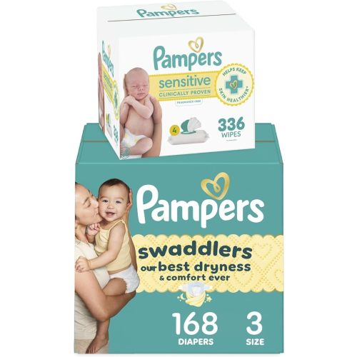 Diapers Size 3, 168 Count and Baby Wipes - Pampers Swaddlers Disposable Baby Diapers and Water Baby Wipes Sensitive Pop-Top Packs, 336 Count (Packaging May Vary)