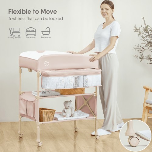 BabyBond Adjustable Portable Baby Changing Table with Diaper Pad, Rolling Wheels (Pink)