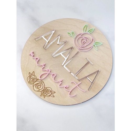 Rose Baby Girl Name Sign Floral Wood Name Sign 3D Name Announcement Sign Floral Nursery Newborn Photo Prop Hospital Plaque Sizes: 5.5 & 11.5