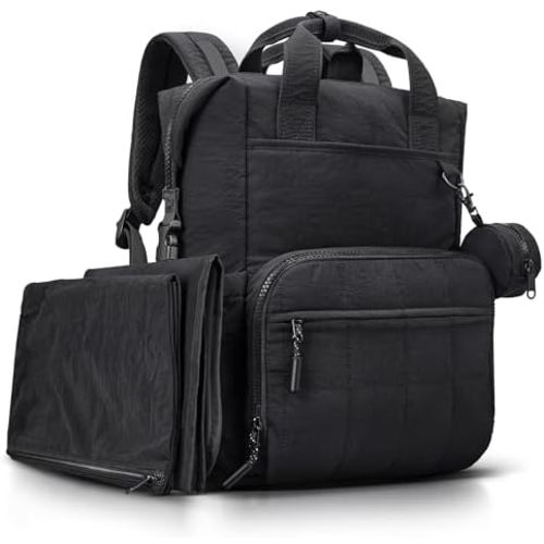 VONAL Diaper Bag Backpack, Lightweight Baby Diaper Bags, Travel Large Diaper Bag with Changing Station, Black Diaper Backpack for Boys Girls Newborn with Insulated Pockets, Stroller Straps
