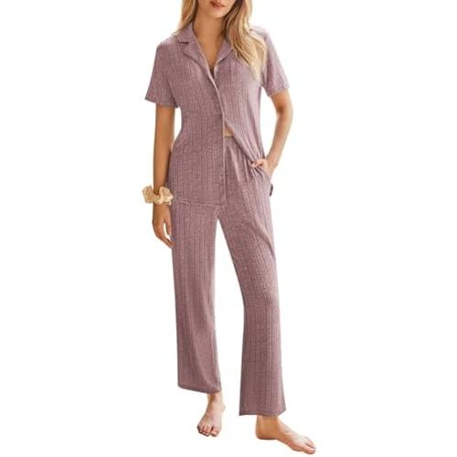 Ekouaer Womens Rib Knit Pajamas Button Up Lounge Sets Short Sleeve Top and Long Pants Matching Pjs Sleepwear Loungewear