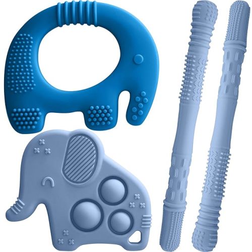 Silicone Baby Teething Toys, Soft Teether Set for Sore Gums, BPA Free Chew Toys for Infants 3+ Months, Textured Teething Relief, Easy Grip Design (Dark Blue)
