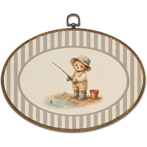 kdqua Fishing Bear Boy Nursery Oval Wall Art Decor 11.4x8.6 Inch