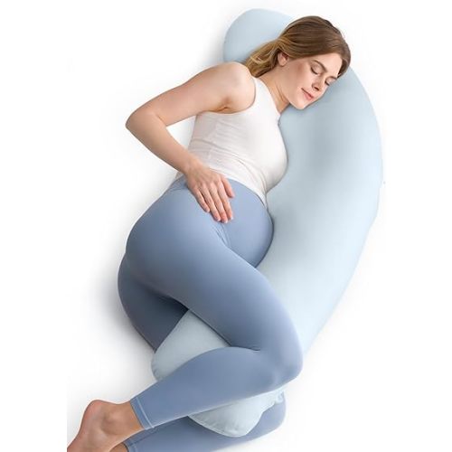 Momcozy Pregnancy Pillows for Side Sleeping, J Shaped Maternity Body Pillow for Pregnancy, Soft Pregnancy Pillow for Head Neck Belly Support, Blue
