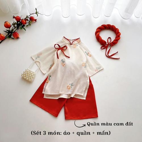 Embroidery Tussah Silk Women & Kids Matching Ao Dai Set, Ao Dai for Girls, Modern Crepe Silk Ao Dai Tet 06
