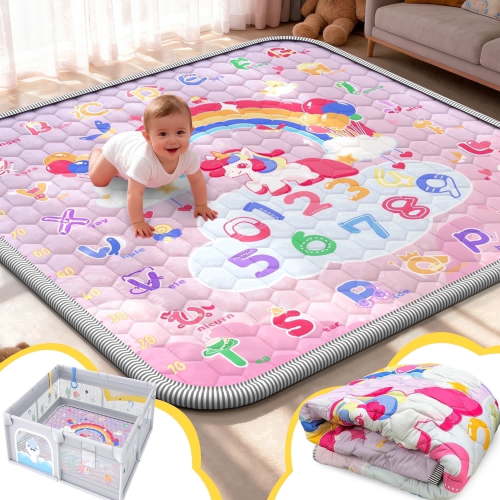 WonderStone Baby Play Mat for the Floor, 50" x 50" Tummy Time Mat, Playpen Mat for Babies, Toddlers, Infants 0-36 Months (Pink）
