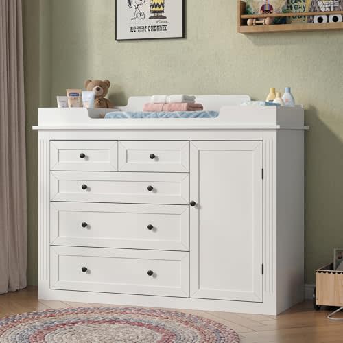 47"Baby Dresser with Large Table Top, White Baby Changing Table with Drawer | Modern Nursery Dresser with Adjustable Shelf & Door Shelf, 5 Drawer, Diaper Changing Station for Kids Bedroom (White)