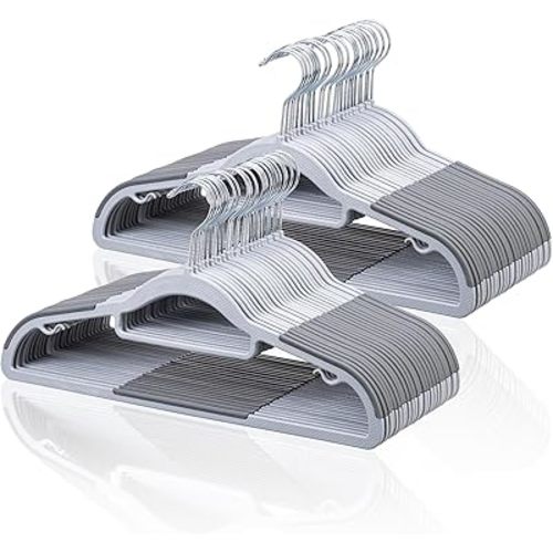 Tonswachic Pack of 50 Coat Hangers, Space-Saving Plastic Clothes Hangers, Non-Slip, 0.2 Inches Slim, 360° Swivel Silver Hook for Shirts, Pants & Wet/Dry Garments, Light and Dark Gray