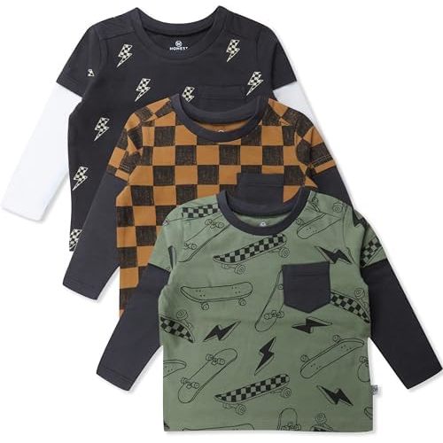 HonestBaby Baby-Boys 3-Pack Long Sleeve 2fer Tshirt Set 100% Organic Cotton for Toddler, Baby Boys