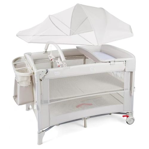 BABY JOY 5-in-1 Pack and Play with Canopy, Baby Bedside Sleeper w/Bassinet