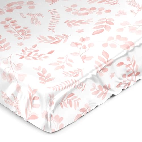 Sweet Jojo Designs Blush Pink and White Floral Leaf Girl Baby Satin Fitted Crib Sheet Infant Newborn Nursery Toddler Bed Room Standard Mattress Boho Chic Bohemian Watercolor Botanical Woodland Garden