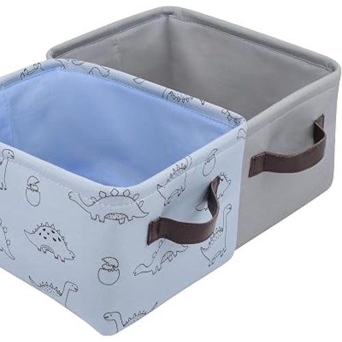 Fabric Storage Bins Cute for Nursery 8"x5.2"x10" - Collapsible Blue Dinosaur & Grey Kids Baskets with Handles 2 Pack, Hamper Fabric Bin, Toy Toddler Basket, Diaper Storage Bins, Baby Room Decor