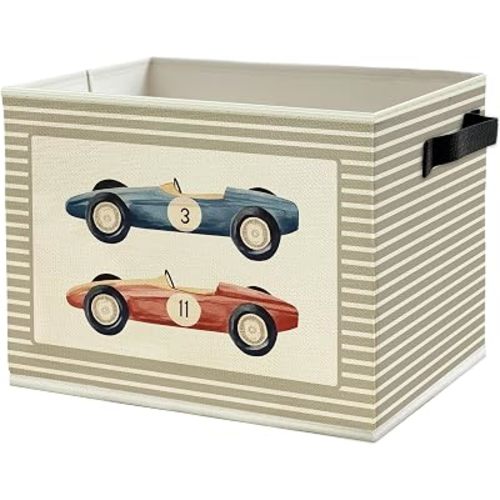 Race Car Boy Nursery Storage Bins Box with Handles, Vintage Race Car Neutral Striped Collapsible Basket Organizer for Kids Toddler Boys Room Bedroom Playroom Bathroom Books Clothes