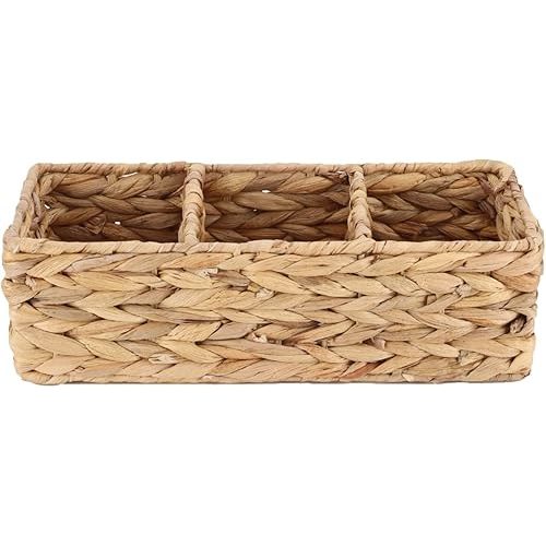 YAHUAN Woven Water Hyacinth Storage Basket Divided Basket with 3-Section Wicker Baskets for Shelves,Handwoven Desk Baskets for Pantry, Coffee Bar, Shelves (Water Hyacinth)