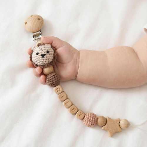 Handmade Crochet Animal Pacifier Clip, Personalized Baby Name Soother Holder, Soft Dummy Clip, Neutral Newborn Baby Keepsake Gift