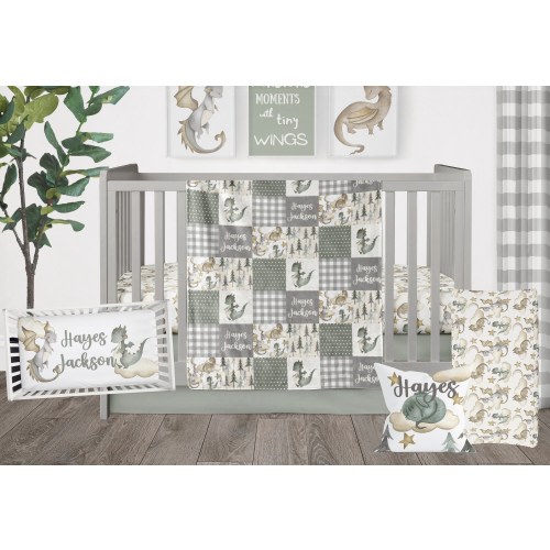 Dragon Crib Bedding Set: Sage Green Fantasy Nursery, Personalized Baby Bedding, Baby Shower Gift