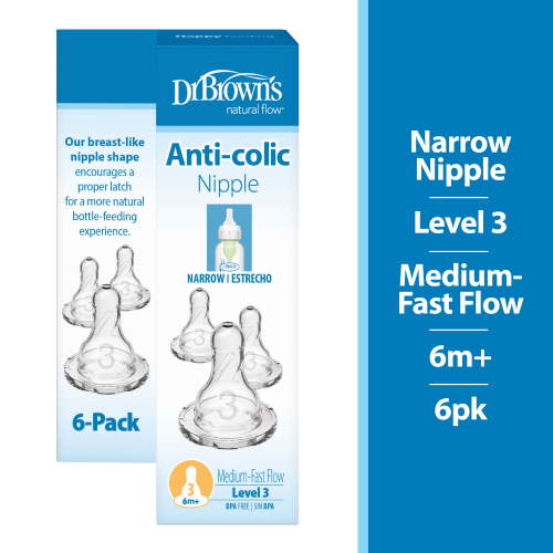 Dr. Brown's Natural Flow Level 3 Nipple, Medium-Fast Flow, 6 Months+, 100% Silicone, 6 Pack