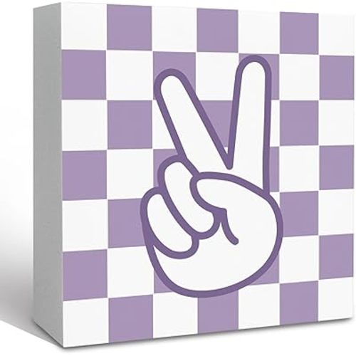KFXHANGD Purple Checkered Decor Wooden Box Sign Desk Decor, Purple Office Decor, Purple Checked Signs Decor for Teen Girls Room, Preppy Purple Checkered Decor Home Shelf Desk Decor 5x5 Inch