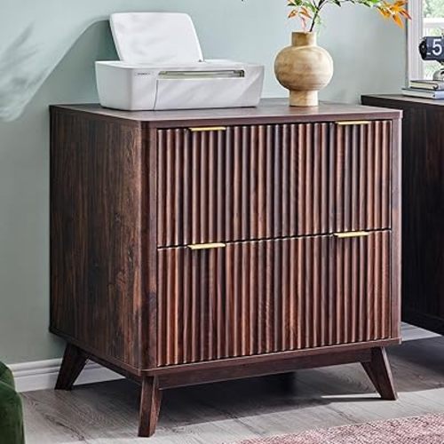 T4TREAM 2 Drawer File Cabinet, 32" Fluted Lateral File Cabinet w/Files Hanging Rod for Letter/Legal/A4, Large Tabletop for Printer, Office Wood Printer Cabinets, Dark Walnut (Gen 2)
