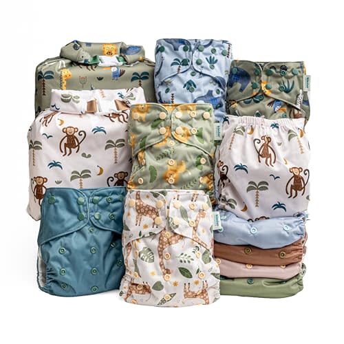 Kinder Cloth Diapers Reusable Baby Diapers Pocket Style Athletic Wicking Jersey, Bamboo Viscose Inserts Wet Bag, Newborn to Potty Training 7-60lbs, One Size (Safari Friends, 10 Pack, with Inserts)