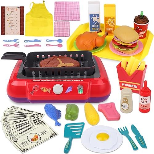 Gifts2U Kids Frying Kit Kitchen Cooking Playset, 48 PCS Toddler Pretend Play Store Toys with Color Changing Play Food, Simulator Kitchen Accessories Set DIY Toy Learning Gift for Girls Boys