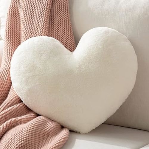Ashler Off-White Plush Heart Pillow - Faux Fur Rabbit 3D Kids' Room Decor, Soft Decorative Cushion for Sofas, Bedrooms & Living Spaces 15 X 17 Inch